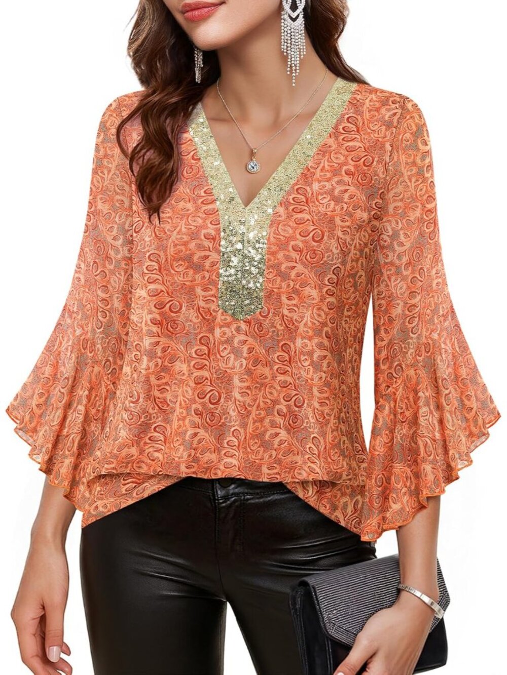 Women's Ruffle 3/4 Sleeve Sparkly Tops Sequin V Neck Blouses Dressy Fall Shirts - Picture 2 of 7